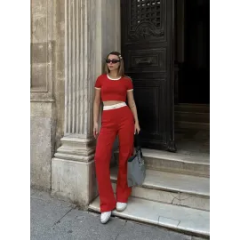 Crop Pantolon Biyeli Takım Kırmızı (Beden: M)
