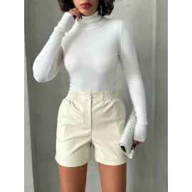 Beli Lastikli Çıtçıtlı Deri Şort Krem W241007 (Beden: L)
