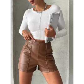 Parçalı Cepli Deri Şort Taba W26312 (Beden: M)