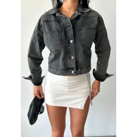 Çift Cepli Kol Katlamalı Süper Taş Enzim Yıkama Crop Kot Ceket Füme D2000 (Beden: S)