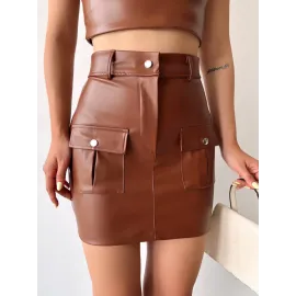 Önden İki Cepli Deri Etek Kahve H240040 (Beden: S)