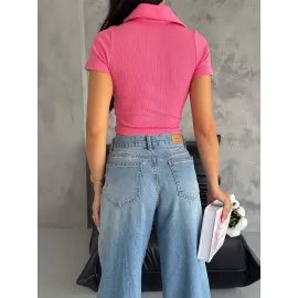 Kaşkorse Yaka Fermuarlı Bluz Fuşya (Beden: S)