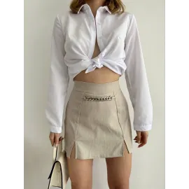 Zincir Detaylı Çizgili Şort Etek Bej (Beden: S)