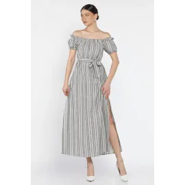 Madonna Yaka Midi Yırtmaçlı Kuşaklı Keten Elbise Gri (Beden: S)