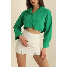 Poplin Crop Gömlek Yeşil S3060 (Beden: 36)