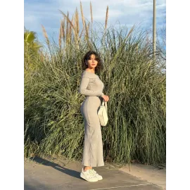 Madonna Yaka Uzun Elbise Şardonlu Kumaş Gri W3753 (Beden: M)