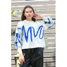 Mavi Çizgili Bisiklet Yaka Kazak Beyaz (Beden: Standart)