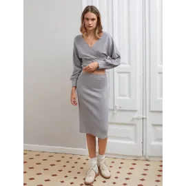 Kruvaze Şardonlu Etekli Takım Gri (Beden: S)