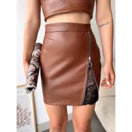 Dantelli Fermuarlı Deri Etek Kahve W24598 (Beden: M)