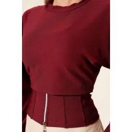 Fitilli Bisiklet Yaka İkili Bluz Bordo T4341 (Beden: Xl)