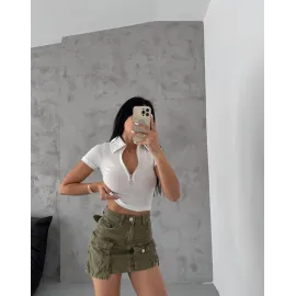 Kaşkorse Yaka Fermuarlı Bluz Beyaz (Beden: L)