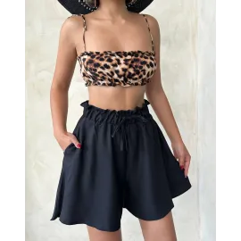 Volanlı Keten Şort Siyah S255058 (Beden: M)