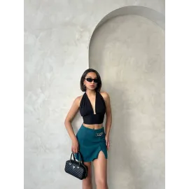 Zincirli Şort Etek Petrol Yeşili S24676 (Beden: M)