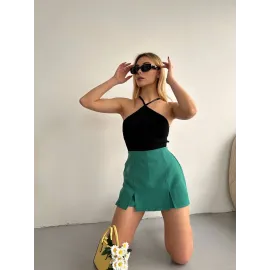 Çift Yırtmaçlı Atlas Şort Etek Yeşil S240364 (Beden: M)