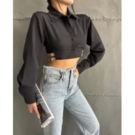 Yanı Kemer Detaylı Crop Gömlek Siyah S4009 (Beden: 38)