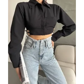 Yanı Kemer Detaylı Crop Gömlek Siyah S4009 (Beden: 40)