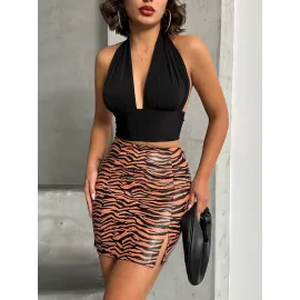 Tek Yırtmaçlı Zebra Desenli Deri Etek Kahvesiyah W24475-S (Beden: M)