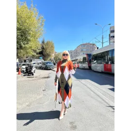 Uzun Hırka İçi Elbise İkili Triko Takım Ekose Baklava Desen Haki Kırmızı (Beden: Standart)