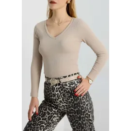 V Yaka Kaşkorse Bluz Bej A3699 (Beden: M)