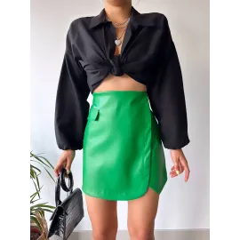 Cep Detaylı Oval Kapaklı Deri Etek Yeşil H240048 (Beden: S)