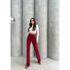 Önü Cumalı İthal Krep Pantolon Bordo (Beden: M)