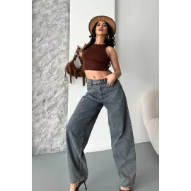 Baggy Kar Yıkama Eskitme Kahve Jeans Pantolon D2007 (Beden: 36)