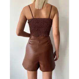 Çift Fermuarlı Deri Şort Kahve H24394 (Beden: M)