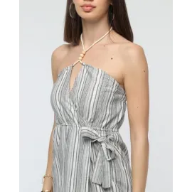 Kuşaklı Çizgili Mini Keten Elbise Gri (Beden: S)