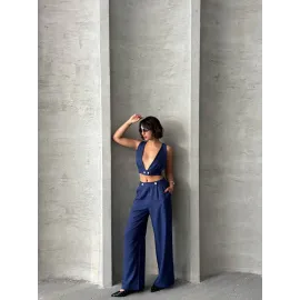 Crop Pantolon Keten Takım S255012 Lacivert (Beden: Xl)