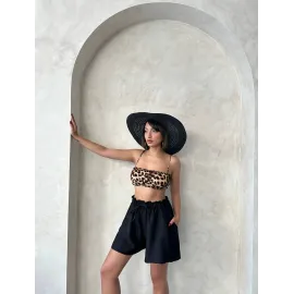 Volanlı Keten Şort Siyah S255058 (Beden: M)