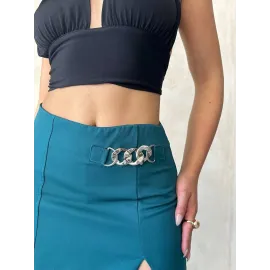 Zincirli Şort Etek Petrol Yeşili S24676 (Beden: L)