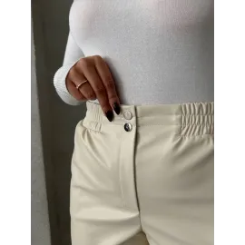 Beli Lastikli Çıtçıtlı Deri Şort Krem W241007 (Beden: S)