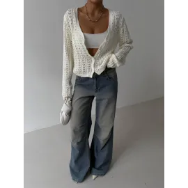 Küçük Düğmeli Küçük Örgülü Triko Hırka Beyaz (Beden: Standart)