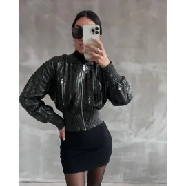 Beli Büzgülü Crop Deri Ceket Siyah (Beden: Xs)