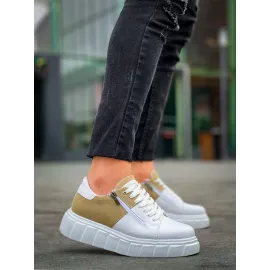 Kb-X155 Kuback Beyaz Cilt Bej Süet Detaylı Beyaz Yüksek Taban Günlük Spor Ayakkabı (Numara: 40)