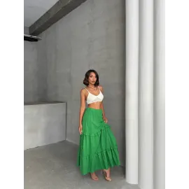 Fırfırlı Brodeli Astarlı Uzun Etek Yeşil S255047 (Beden: M)