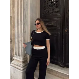 Crop Pantolon Biyeli Takım Siyah (Beden: L)