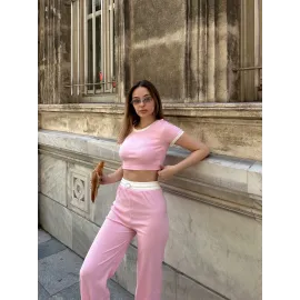 Crop Pantolon Biyeli Takım Pembe (Beden: L)