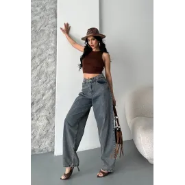 Baggy Kar Yıkama Eskitme Kahve Jeans Pantolon D2007 (Beden: 38)