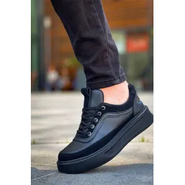 Kb-006 Kuback Siyah Cilt Siyah Yüksek Taban Bağcıklı Günlük Erkek Ayakkabı (Numara: 43)