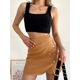 Dört Çıtçıtlı Gabardin Şort Etek S249001 Camel (Beden: S)