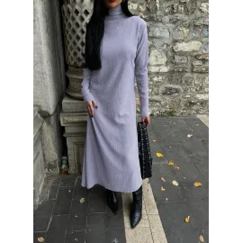 Boğazlı Kalın Bürümcük Uzun Elbise Gri (Beden: S)