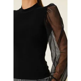 Dik Yaka Tül Kollu Bluz Siyah T3066 (Beden: M)