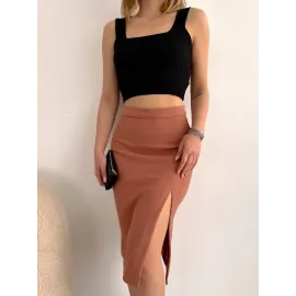 Uzun Midi Boy Yırtmaçlı Etek Somon S24907 (Beden: M)