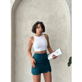 Çift Yırtmaçlı Atlas Şort Etek Petrol Yeşili S240364 (Beden: S)