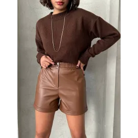 Beli Lastikli Çıtçıtlı Deri Şort Kahve W241007 (Beden: S)
