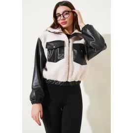 Deri Garnili Cepli Peluş Mont Siyah T1253 (Beden: Xl)