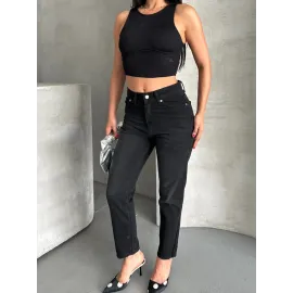 Mom Fit Enzim Bıyıklı Taş Yıkama Jeans Pantolon Siyah D2006 (Beden: 34)