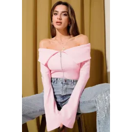 Omzu Açık Fermuarlı Bluz Pembe T4330 (Beden: L)