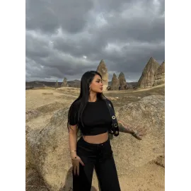 Bol Paça Pantolonlu Alt Üst Takım Siyah (Beden: M)